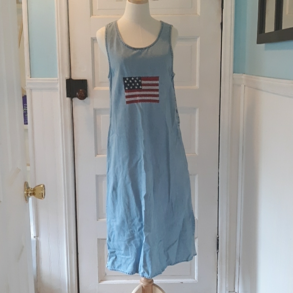 Retro denim maxi dress petite medium patriotic